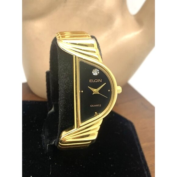 Elgin Women's Watch Vintage Half Moon Diamond Quartz Black Dial Gold Steel - Picture 13 of 14